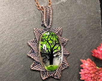 Woven wire wrapped dried flower Tree pendant, necklace, dried plants, butterflies, wire work, wire art