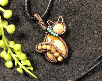 Wüsten Bild Jaspis Kätzchen Anhänger Halskette, Handgefertigter Kupfer Draht Katzen Schmuck Rustikal Boho Halskette