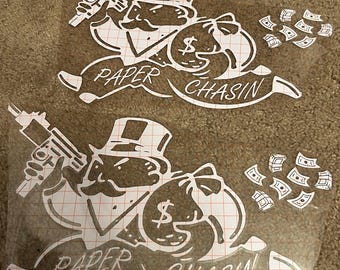 Paper Chasing Monopoly Guy Decal - Decal for Cars, Laptop, Vehicle, Custom.