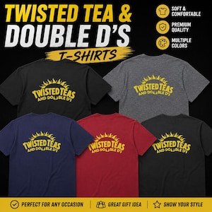 Puede incluir: Cinco camisetas de manga corta en negro, gris jaspeado, azul marino y rojo. Cada camiseta presenta un gráfico amarillo en la parte posterior con un icono de sol y el texto TWISTED TEAS AND DOUBLE D'S. El texto superior dice TWISTED TEA & DOUBLE D'S T-SHIRTS.