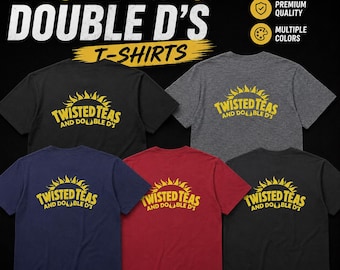 May include: Five short-sleeved t-shirts in black, heather grey, navy blue, and red. Each shirt features a yellow graphic on the back with a sun icon and the text TWISTED TEAS AND DOUBLE D'S. The top text reads TWISTED TEA & DOUBLE D'S T-SHIRTS.