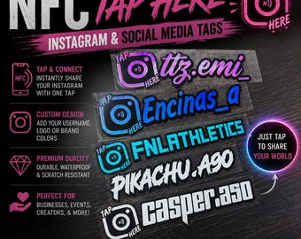 May include: A collection of rectangular NFC stickers featuring the Instagram logo and custom social media usernames. The stickers display text including ttz.emi_, Encinas_a, FNLATHLETICS, PIKACHU.A90, and casper.a50, with pink and blue neon accents.