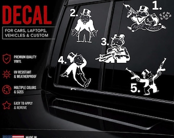 Paper Chasing Monopoly Guy Decal - Decal for Cars, Laptop, Vehicle, Custom.