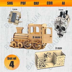 Puede incluir: Conjunto de cuatro diseños de madera cortados con láser para manualidades. Los diseños incluyen un soporte para teléfono, un tren, un porta lápices con forma de calavera y un organizador de escritorio. Los diseños están etiquetados con el grosor de la madera en milímetros.