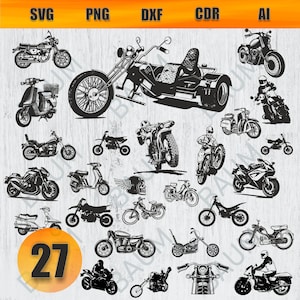 May include: A collection of 27 black and white motorcycle and scooter illustrations. The illustrations include a variety of styles, including choppers, cruisers, and scooters. The illustrations are perfect for use in a variety of projects, such as t-shirt designs, website graphics, and social media posts.