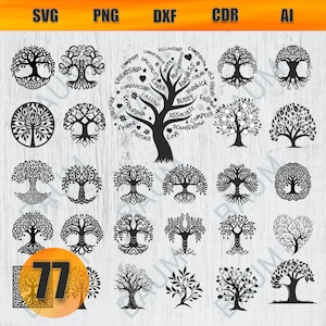 Könnte beinhalten: Ein Set mit 20 schwarzen und weißen SVG-Schnittdateien für Lebensbäume. Die Bäume sind mit Wörtern wie "Freundschaft", "Liebe", "Bruder", "Kamerad", "Partner", "Gemeinschaft", "Partner", "Kumpel" und "Schulkamerad" verziert.