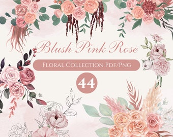 Dusty Rose Floral Clipart, Dusty Pink Flowers, Blush Floral Bouquets, Flower Arrangements, Pink Rose Wreath Clipart, Wedding Flower Clipart