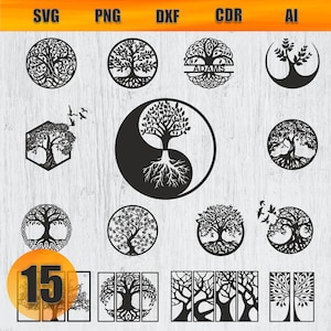 Op de afbeelding: Een set van 15 zwart-witte SVG-snijbestanden van de levensboom. De ontwerpen omvatten een verscheidenheid aan boomvormen, waaronder een cirkel, een zeshoek, een yin yang en een boom met vogels die wegvliegen. De ontwerpen zijn perfect voor het maken van aangepaste woonaccessoires, wandkunst en meer.