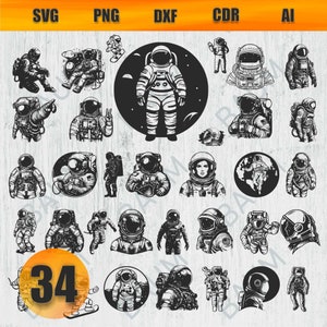 Pode incluir: Uma coleção de 34 ilustrações a preto e branco de astronautas em várias poses. As imagens incluem astronautas com fatos espaciais, capacetes e elementos relacionados com o espaço. O texto "SVG PNG DXF CDR AI" está na parte superior da imagem.