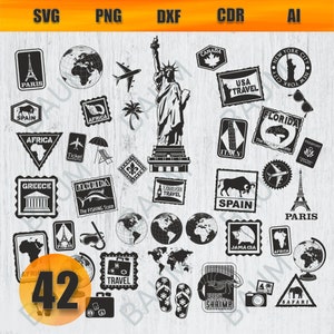 May include: A set of 42 black and white travel themed vector graphics. The graphics include images of landmarks, flags, and other travel related items. The graphics are perfect for use in travel brochures, websites, and social media.