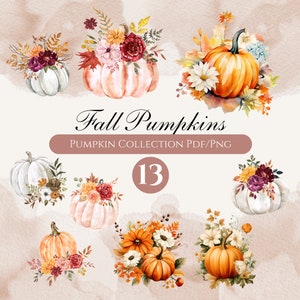May include: Watercolor illustrations of pumpkins with floral arrangements. The pumpkins are in shades of orange, white, and peach, adorned with flowers and foliage in autumnal colors. The text "Fall Pumpkins" and "Pumpkin Collection PDF/PNG" are also visible.
