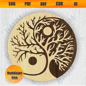 Yin Yang Baum Multilayer-Svg, Baum des Lebens Wand-Dekor-Svg, Ai Cdr Dxf Pdf, Yin Yang Dxf, Heilige Geometrie, Tattoo Schneidemaschine, SOFORTIGER DOWNLOAD