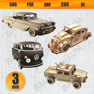 Puzzle samochodowe 3D Zestaw 4 Ciętych Laserowo Svg, Pliki wektorowe, Svg Ai Cdr Dxf Pdf, Plik Dxf do lasera, Puzzle samochodowe, NATYCHMIASTOWE POBIERANIE, Klasyczne puzzle samochodowe