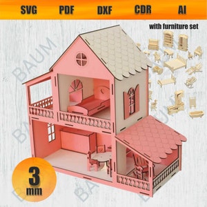 May include: A pink and white dollhouse with a balcony and a roof made of shingles. The dollhouse is 3 mm thick and comes with a set of furniture. The furniture includes a bed, a table, chairs, a rocking chair, a bookshelf, and a dresser.