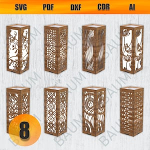 Könnte beinhalten: Acht verschiedene Laser-Schnittmuster für eine Holzlampe. Die Designs umfassen geometrische Muster, Blumenmuster und abstrakte Muster. Die Designs sind alle in einer hellbraunen Farbe.