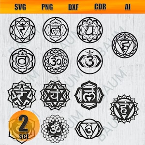 Paquete SVG de siete chakras, 2 juegos de símbolos de chakras de yoga, Archivos vectoriales, Svg Ai Cdr Dxf Png, Listo para imprimir, Tatuaje Svg, DESCARGA INSTANTÁNEA, Archivo recortado