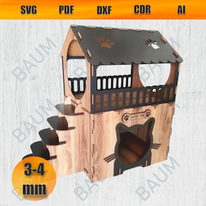 May include: A wooden cat house with a black roof and a black cat silhouette on the front. The house has a platform with a railing and a set of stairs leading up to it. The house is made of 3-4 mm thick wood.
