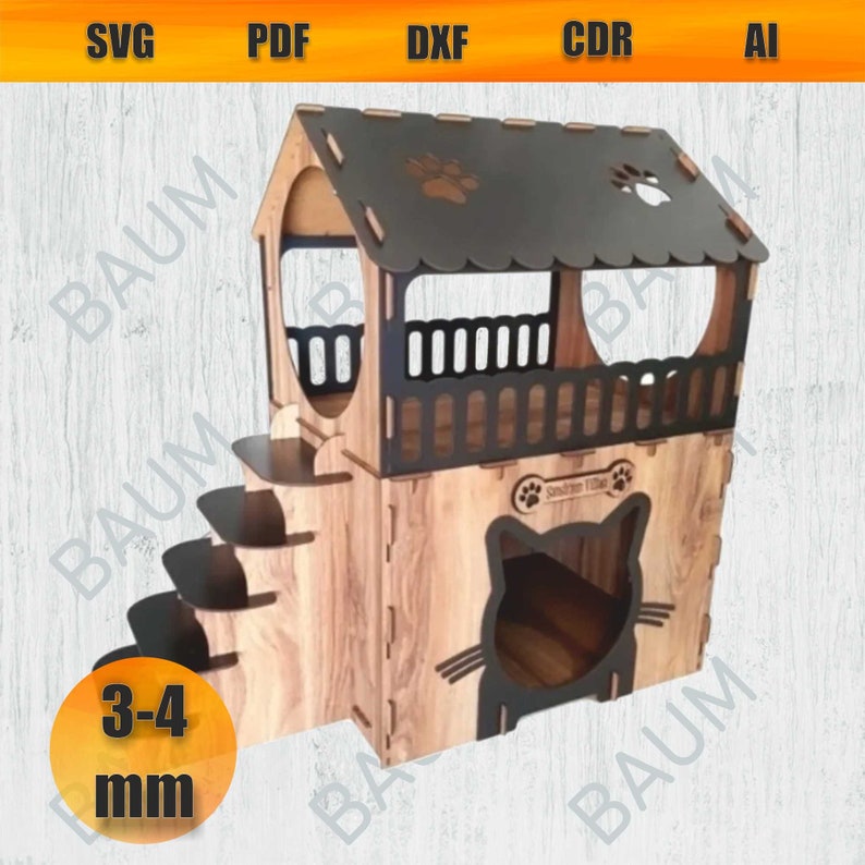 Cat House Laser Cut, Wooden Box, Dxf Project, Svg Ai Cdr Dxf Pdf, Cat Play House, Laser Cut Files, Cat Wooden House