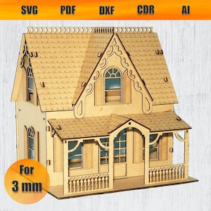 May include: A detailed wooden model of a two-story house with a porch, windows, and a roof. The model is designed for 3 mm thick plywood. "For 3 mm" is written on a brown circle in the lower left corner of the image.
