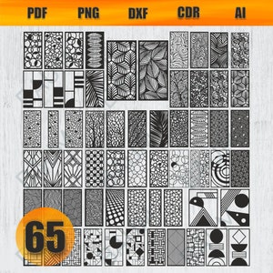 Puede incluir: Una colección de 65 diseños de paneles decorativos en blanco y negro, cada uno con patrones únicos. Los diseños incluyen motivos florales, geométricos y abstractos. La imagen también muestra opciones de tipo de archivo: PDF, PNG, DXF, CDR y AI.