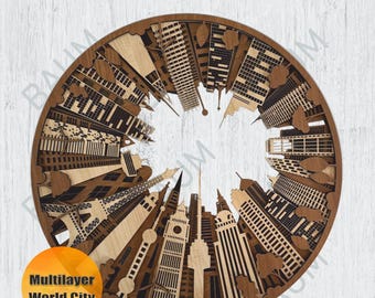 May include: A laser cut wooden design of a world city skyline. The design is circular and features multiple layers of buildings, creating a 3D effect. The buildings are arranged in a circle, with the tallest buildings in the center. The design is perfect for home decor or as a unique gift.