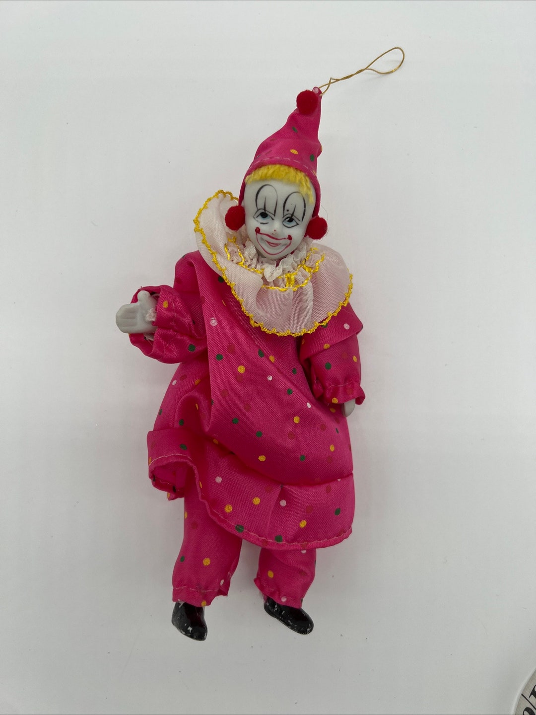 Vintage Jester Clown Ornament Doll 80s Porcelain Head Hands Feet Soft