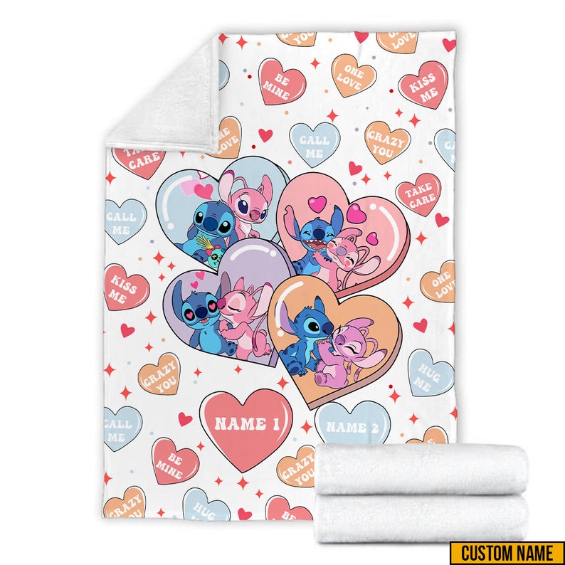 Custom Name Stitch Blanket, Disney Stitch Angel Blanket, Valentine's