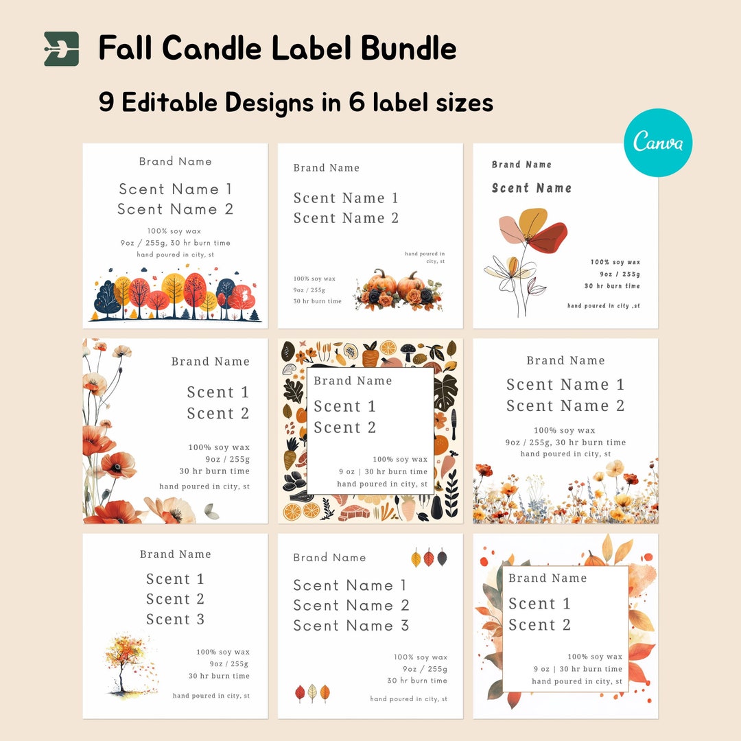 Fall / Autumn Candle Label Template Bundle, 9 Designs Available in 6 ...