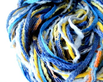 Art Yarn Fiber Bundle - Junk Journal Supplies - Dreamcatcher Making - Blue & Yellow - Provence - Knitting  and Crochet Lot - Embellishments