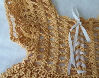 Vintage Crochet Baby Dress - Marigold - Cottagecore - Handmade - Vintage Baby Clothing - Yellow Dress