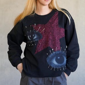 Eyes Patchwork Star Sweatshirt | Street Style Handmade | Alternative Bold Custom Hoodie