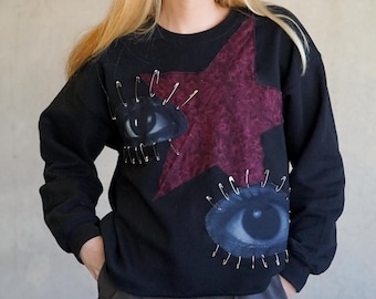 Eyes Patchwork Star Sweatshirt | Street Style Handmade | Alternative Bold Custom Hoodie
