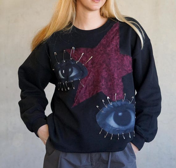 Eyes Patchwork Star Sweatshirt | Street Style Handmade | Alternative Bold Custom Hoodie