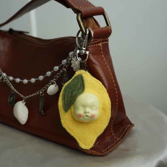 Handmade Lemon Purse Charm | Weirdcore Polymer Clay & Felt Keychain