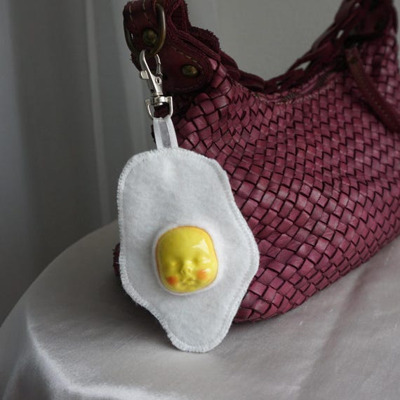 Cracked Egg Purse Charm | Weirdcore Polymer Clay & Felt Keychain | Unique Oddity Gift