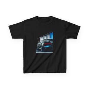May include: Black t-shirt featuring a graphic of a sleek, modern sports car. The car is primarily dark gray with blue and red accents. The background includes a minimalist architectural design with white and blue elements.