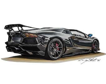 Supersportwagen SVJ Kunstdruck: Graphite Buntstift Zeichnung