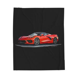 May include: A red sports car is depicted on a black background. The car has a sleek design with a low profile, visible wheels, and a dark roof. The image is a painting or illustration, with a white line beneath the car.