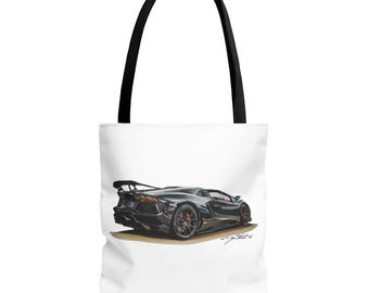 Tragetasche mit Supercar-Illustration Aventador SVJ | Schwarzer Supercar-Print
