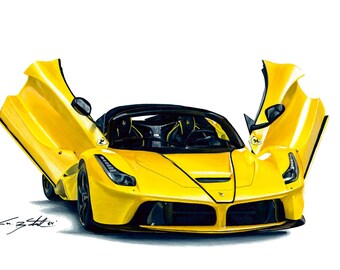 May include: A yellow Ferrari LaFerrari with the doors open. The car is drawn in a realistic style with black details.