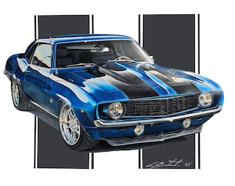 1969 Chevrolet Camaro hand drawn art, Classic car art, Muscle car art, car guy art, custom portrait, car art, automotive art, gifts for him