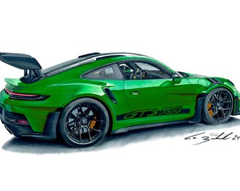 Supercar GT3-RS, hand drawn art, pencil art, supercar art, car guy art, custom portrait, car art, automotive art, gifts for him, artist, art