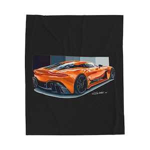 May include: Orange sports car illustration on a black background. The car has black wheels and a sleek design. The artwork is detailed, showing the car's rear and side profile. The car's color is a vibrant orange.