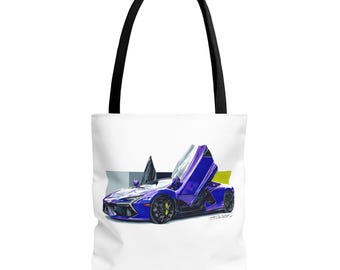 Tragetasche mit Supercar Revuelto-Rennwagenillustration | Lila Supercar-Print
