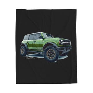 May include: A green SUV illustration on a black background. The vehicle has black accents, bronze-colored wheels, and a white front grill. The image is a drawing of a Ford Bronco.