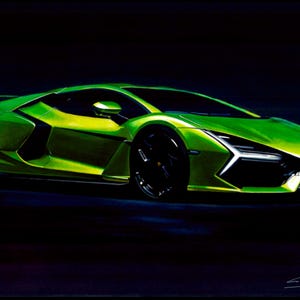 Puede incluir: Un deportivo verde vibrante con ruedas y detalles en negro sobre un fondo oscuro. El diseño elegante del coche se destaca por la pintura verde brillante, y la matrícula dice "SCD".