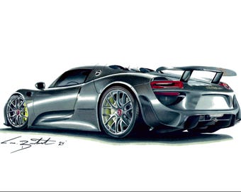 Supersportwagen 918 Kunstdruck: Original handgezeichnete Supersportwagen-Bleistift-Zeichnung