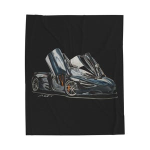 May include: A black blanket featuring a detailed illustration of a dark blue sports car with its doors open. The car has orange brake calipers and silver rims. The blanket is a soft, cozy material.