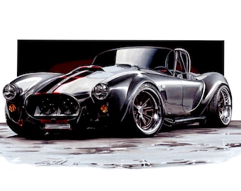 Shelby Cobra Classic Muskel Auto Zeichnung: Original Handgezeichnete Graphite & Alkohol Marker Kunst