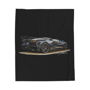 May include: A black sports car illustration with red brake calipers and a rear spoiler. The car is set against a black background, with a tan-colored ground. The artwork features a signature in the bottom right corner.